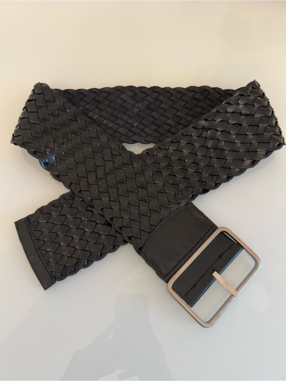 Club Monaco Black Genuine Leather Woven Wide Belt XS/S Silver Buckle